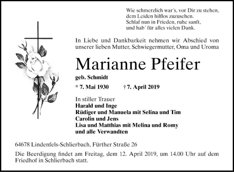  Traueranzeige für Marianne Pfeifer vom 10.04.2019 aus Bergsträßer Anzeiger