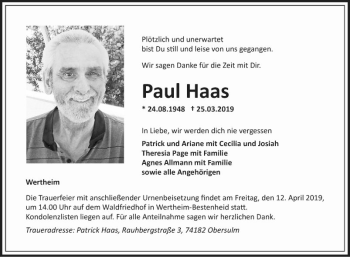 Traueranzeige von Paul Haas von Fränkische Nachrichten
