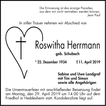 Traueranzeige von Roswitha Herrmann von Mannheimer Morgen