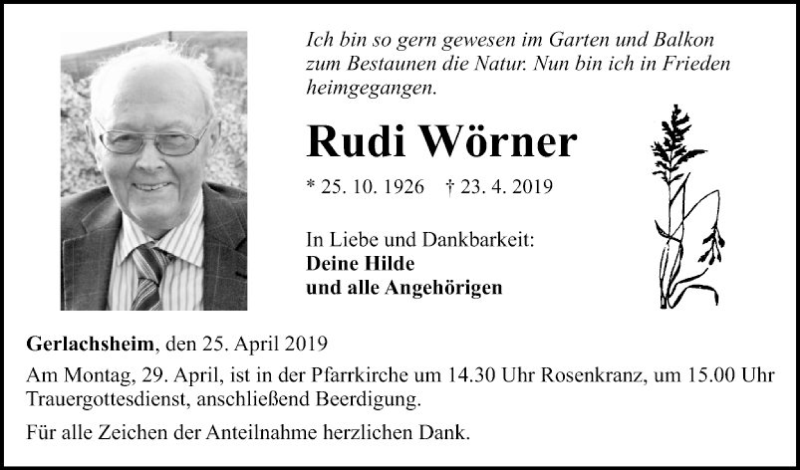  Traueranzeige für Rudi Wörner vom 25.04.2019 aus Fränkische Nachrichten