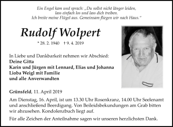 Traueranzeige von Rudolf Wolpert von Fränkische Nachrichten