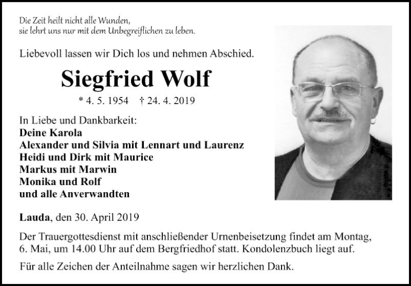 Traueranzeige für Siegfried Wolf vom 30.04.2019 aus Fränkische Nachrichten