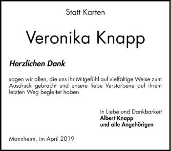 Traueranzeige von Veronika Knapp von Mannheimer Morgen