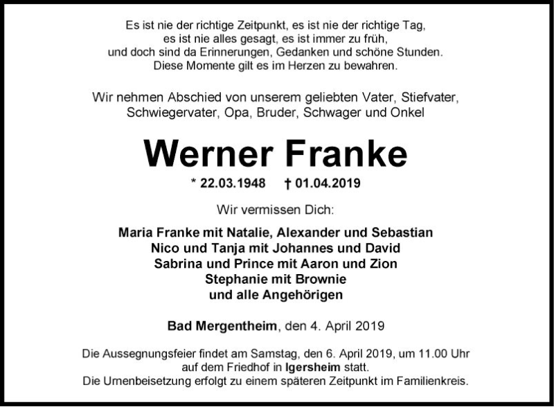  Traueranzeige für Werner Franke vom 04.04.2019 aus Fränkische Nachrichten