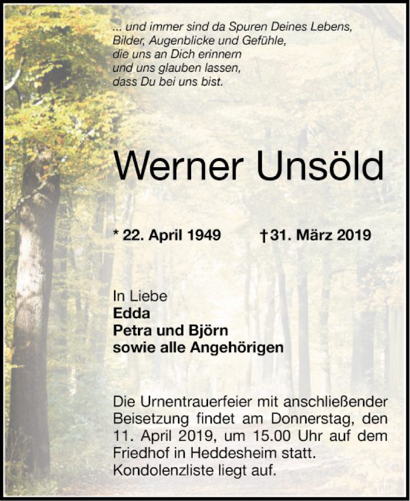  Traueranzeige für Werner Unsöld vom 06.04.2019 aus Mannheimer Morgen