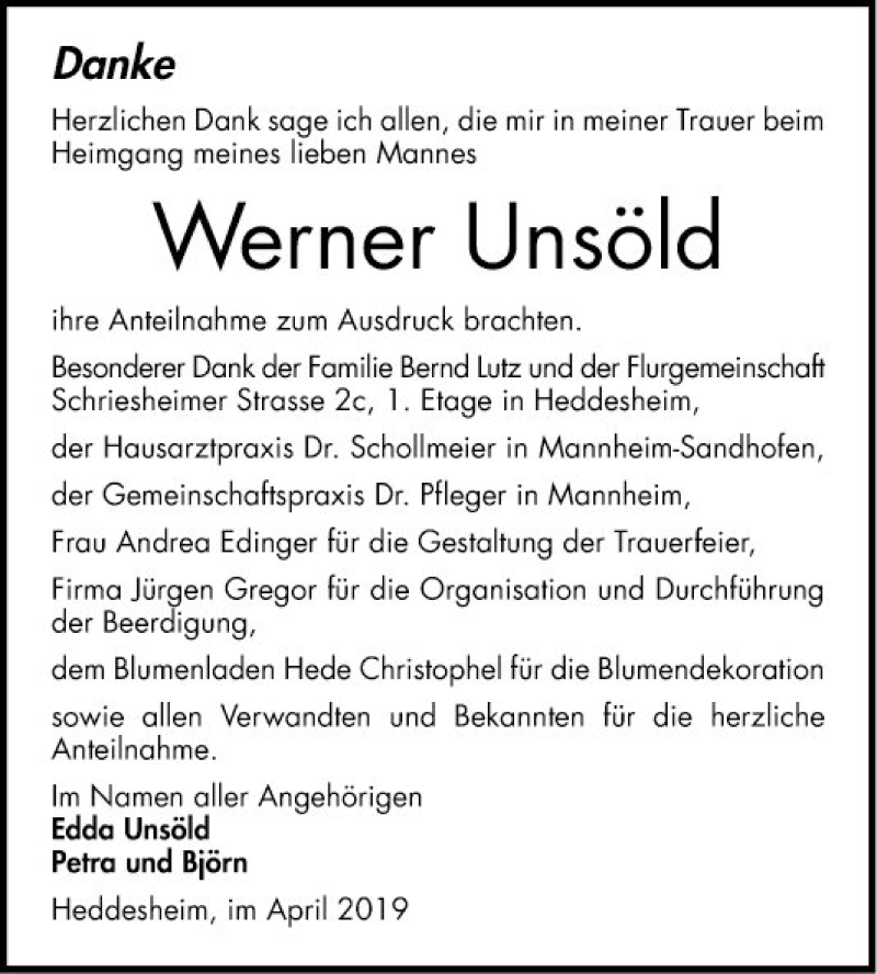  Traueranzeige für Werner Unsöld vom 27.04.2019 aus Mannheimer Morgen