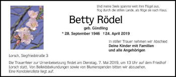 Traueranzeige von Betty Rödel von Bergsträßer Anzeiger