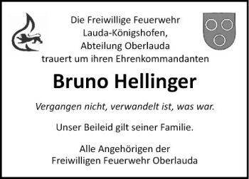 Traueranzeige von Bruno Hellinger von Fränkische Nachrichten