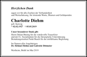 Traueranzeige von Charlotte Diehm von Fränkische Nachrichten