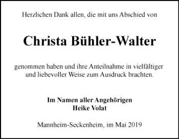Traueranzeige von Christa Bühler-Walter von Mannheimer Morgen