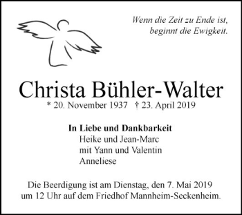 Traueranzeige von Christa Bühler-Walter von Mannheimer Morgen
