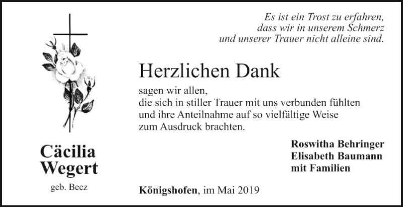  Traueranzeige für Cäcilia Wegert vom 11.05.2019 aus Fränkische Nachrichten
