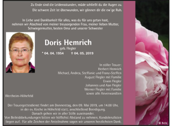 Traueranzeige von Doris Hemrich von Fränkische Nachrichten