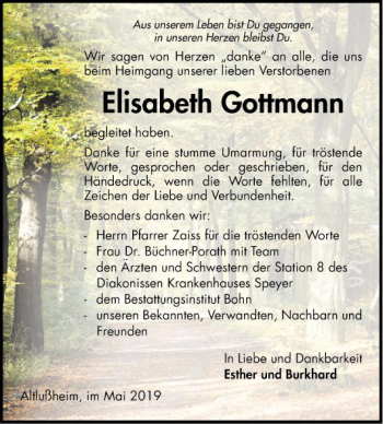 Traueranzeige von Elisabeth Gottmann von Schwetzinger Zeitung