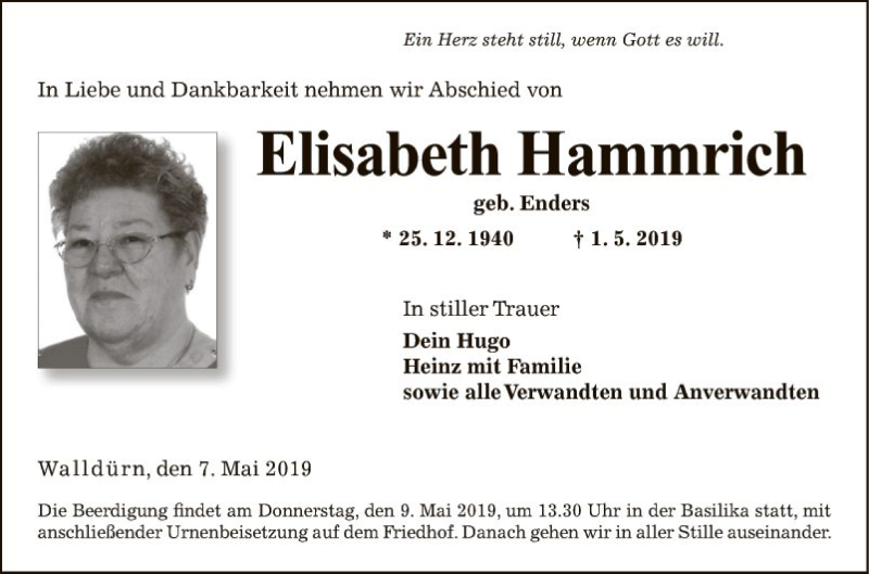  Traueranzeige für Elisabeth Hammrich vom 07.05.2019 aus Fränkische Nachrichten