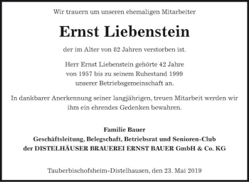 Traueranzeige von Ernst Liebenstein von Fränkische Nachrichten