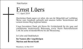 Traueranzeige von Ernst Lüers von Mannheimer Morgen