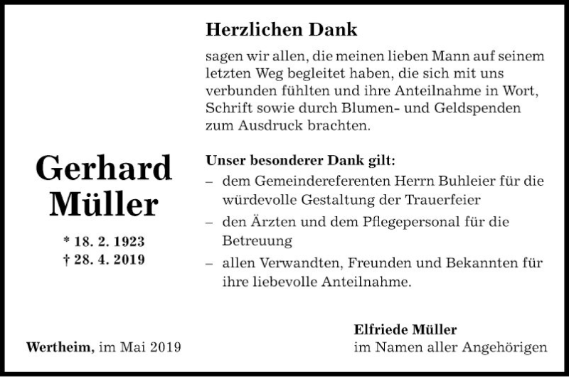  Traueranzeige für Gerhard Müller vom 18.05.2019 aus Fränkische Nachrichten