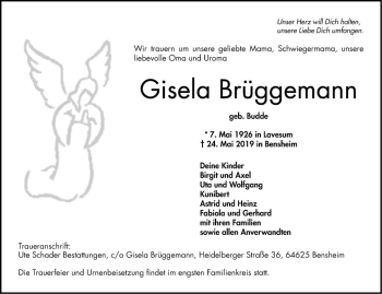 Traueranzeige von Gisela Brüggemann von Bergsträßer Anzeiger