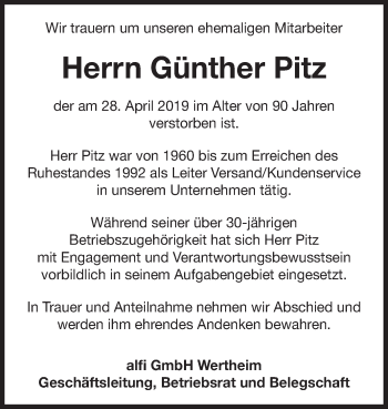 Traueranzeige von Günther Pitz von Fränkische Nachrichten