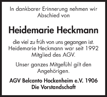 Traueranzeige von Heidemarie Heckmann von Schwetzinger Zeitung
