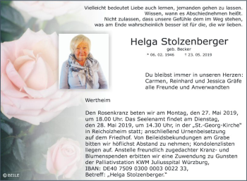 Traueranzeige von Helga Stolzenberger von Fränkische Nachrichten