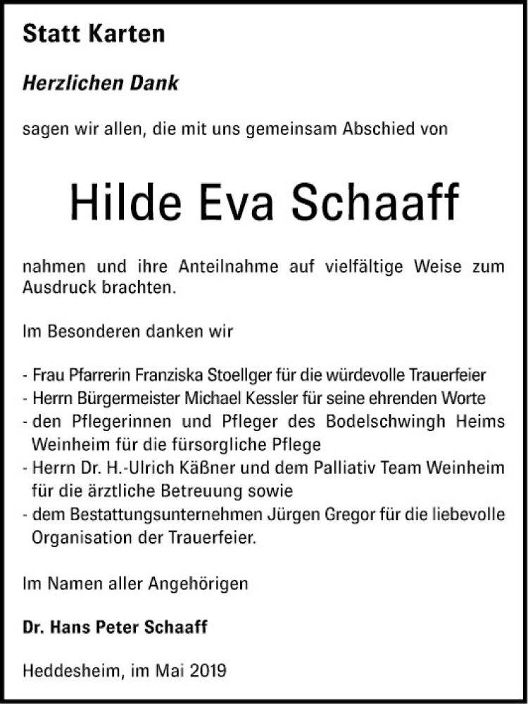  Traueranzeige für Hilde Eva Schaaff vom 04.05.2019 aus Mannheimer Morgen
