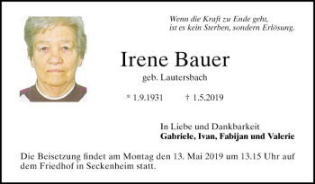 Traueranzeige von Irene Bauer von Mannheimer Morgen