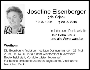 Traueranzeige von Josefine Eisenberger von Fränkische Nachrichten