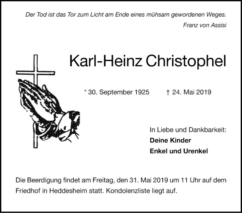  Traueranzeige für Karl-Heinz Christophel vom 28.05.2019 aus Mannheimer Morgen