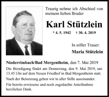 Traueranzeige von Karl Stützlein von Fränkische Nachrichten