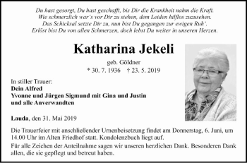 Traueranzeige von Katharina Jekeli von Fränkische Nachrichten