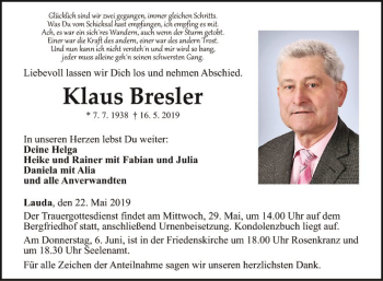 Traueranzeige von Klaus Bresler von Fränkische Nachrichten