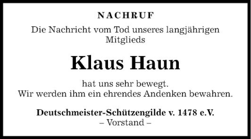  Traueranzeige für Klaus Haun vom 08.05.2019 aus Fränkische Nachrichten