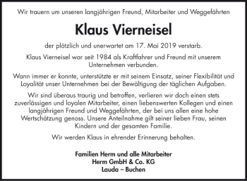 Traueranzeige von Klaus Vierneisel von Fränkische Nachrichten