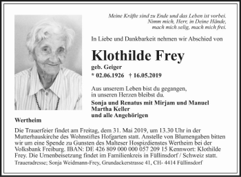 Traueranzeige von Klothilde Frey von Fränkische Nachrichten
