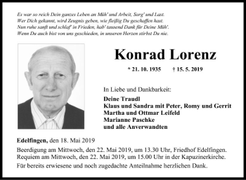 Traueranzeige von Konrad Lorenz von Fränkische Nachrichten