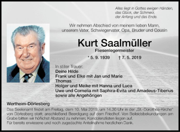 Traueranzeige von Kurt Saalmüller von Fränkische Nachrichten