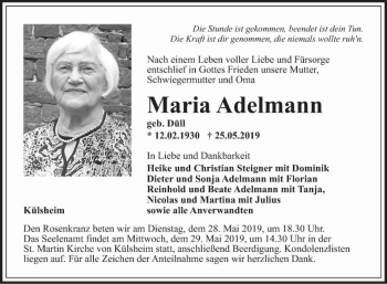 Traueranzeige von Maria Adelmann von Fränkische Nachrichten