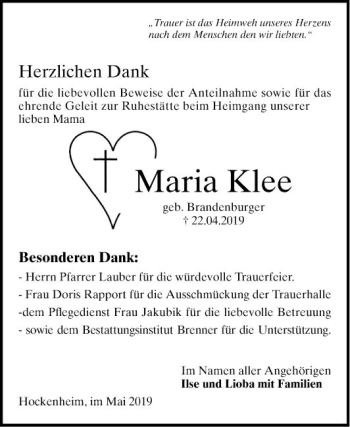 Traueranzeige von Maria Klee von Schwetzinger Zeitung