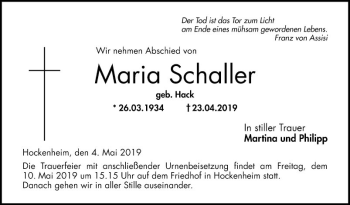 Traueranzeige von Maria Schaller von Schwetzinger Zeitung