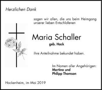 Traueranzeige von Maria Schaller von Schwetzinger Zeitung