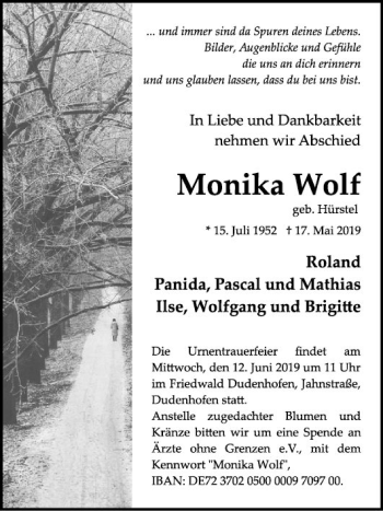 Traueranzeige von Monika Wolf von Mannheimer Morgen