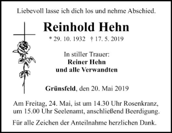 Traueranzeige von Reinhold Hehn von Fränkische Nachrichten