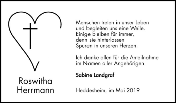Traueranzeige von Roswitha Herrmann von Mannheimer Morgen