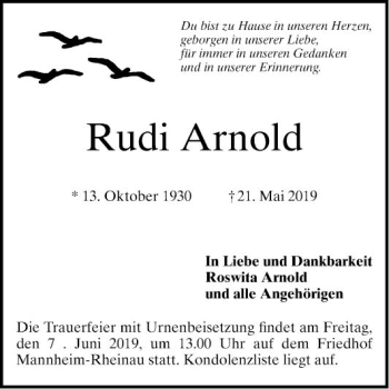 Traueranzeige von Rudi Arnold von Mannheimer Morgen