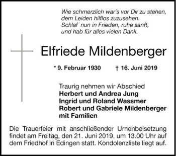 Traueranzeige von Elfriede Mildenberger von Mannheimer Morgen