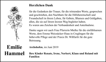 Traueranzeige von Emilie Hammel von Fränkische Nachrichten