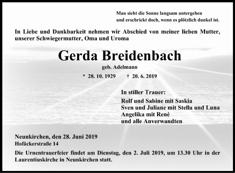  Traueranzeige für Gerda Breidenbach vom 28.06.2019 aus Fränkische Nachrichten