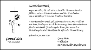 Traueranzeige von Gertrud Hain von Fränkische Nachrichten